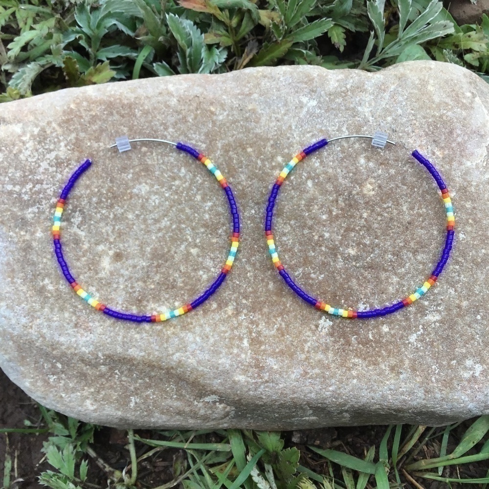 𝅺Navy with Native Colors Beaded Hoops, New, Handmade by Me